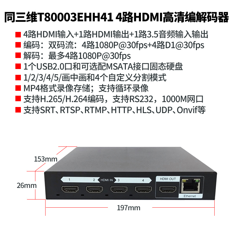 T80003EHH41 H.265 4路HDMI高清编解码器简介